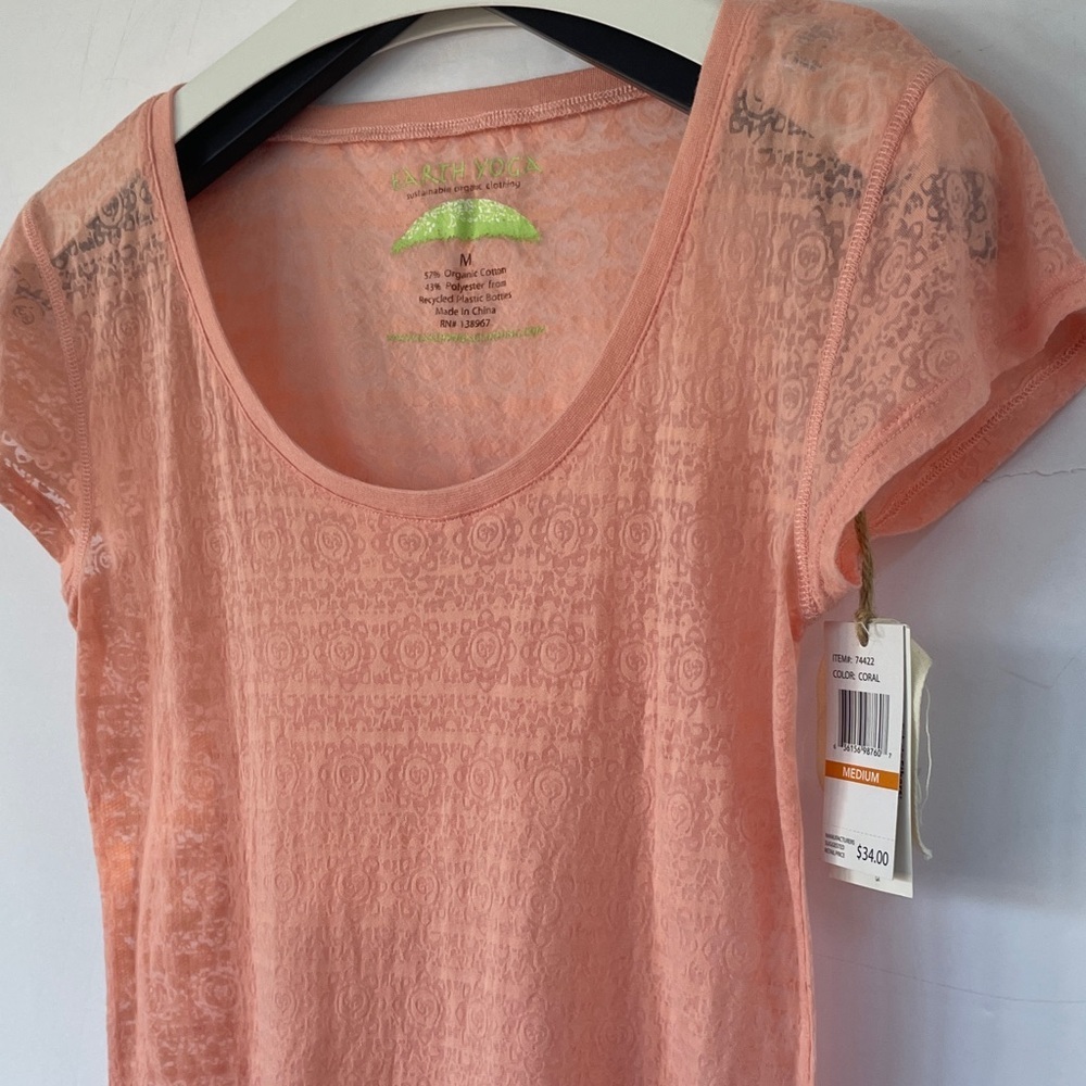Earth Yoga Sheer Organic Cotton Blend Coral Peach Short Sleeve Tee Medium - Picture 4 of 14